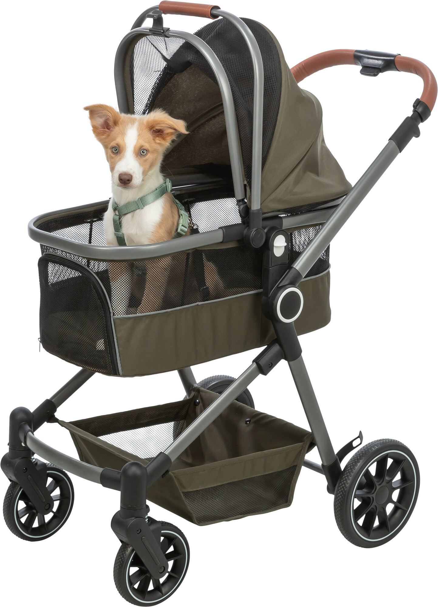 Dog stroller for dogs up to 22 kg, with a removable basket and rain cover