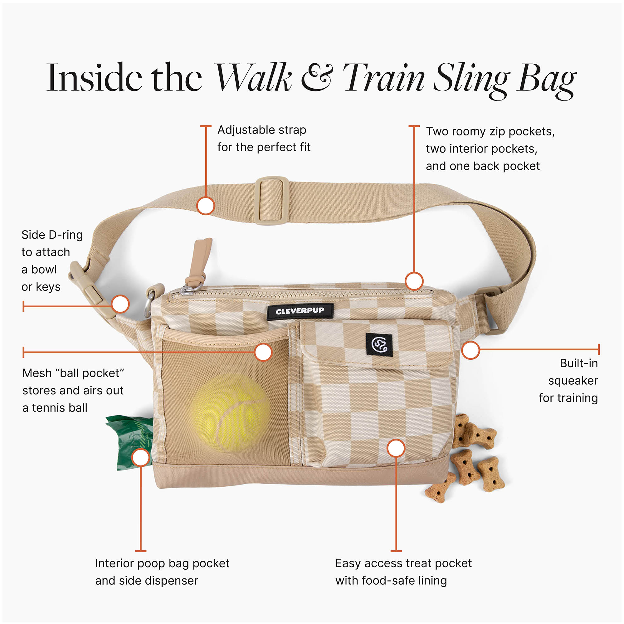Cleverpup Dog Walk and Train Sling back with collapsible travel bowl and treat pouch