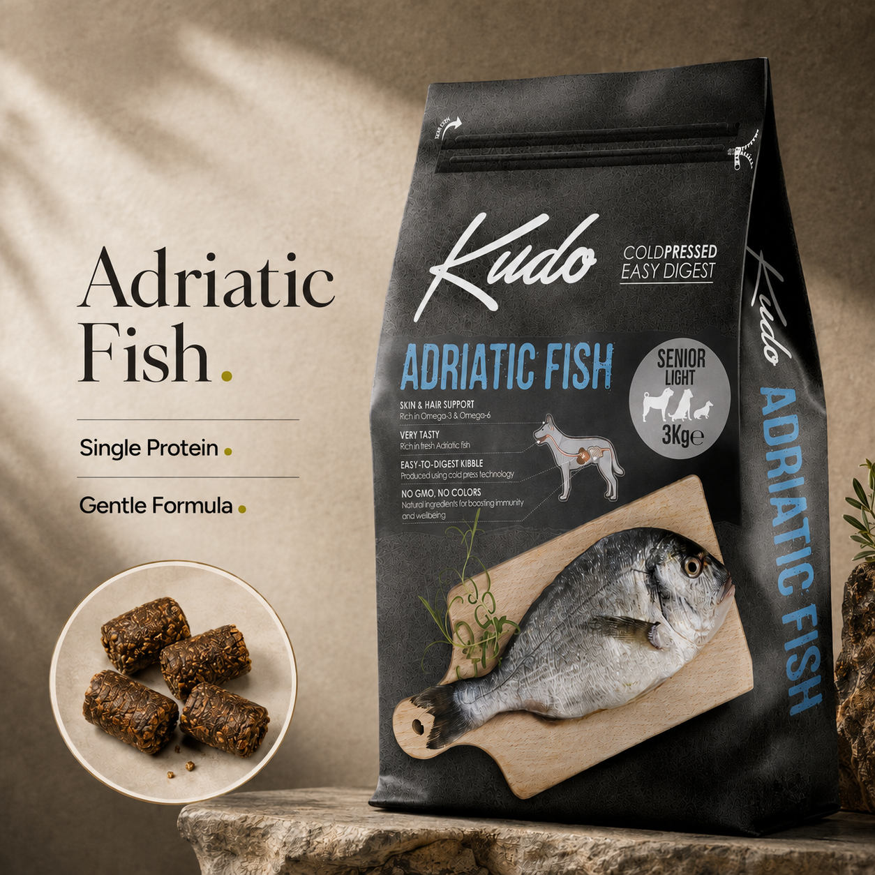 KUDO Adriatic Fish Senior/Light Cold-Pressed Dog Food – 3kg
