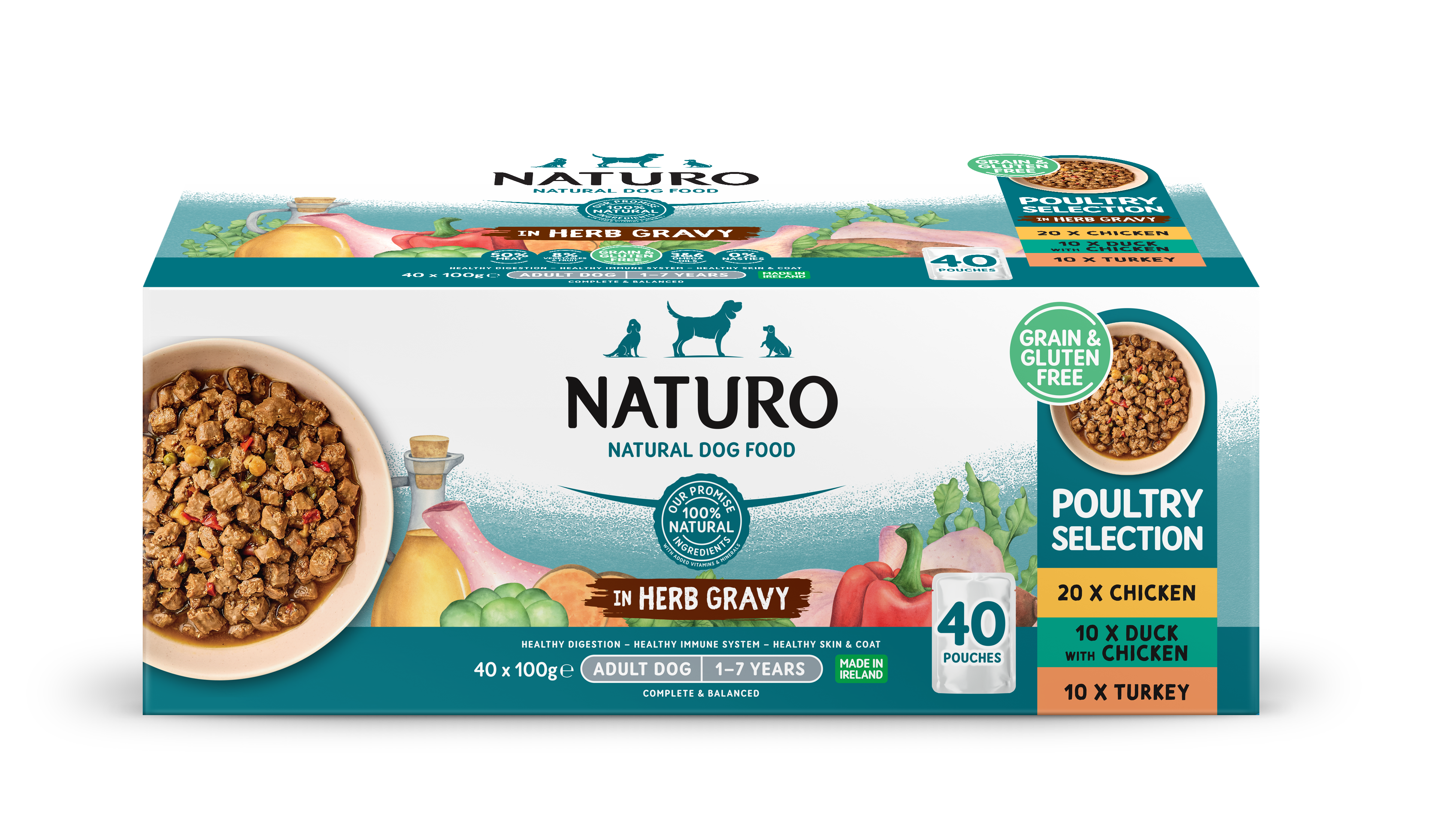 Adult Poultry Selection in Herb Gravy - Grain & Gluten Free Dog Food | 100g Pouches x 40